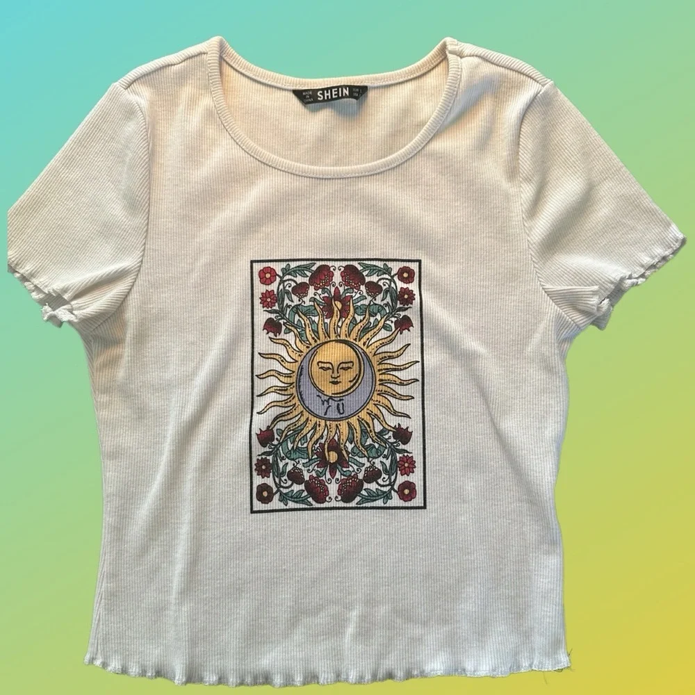 S Graphic Tee Sun Crop Top Short Sleeve Form Fitting with Ruffled Hem - Picture 1 of 5